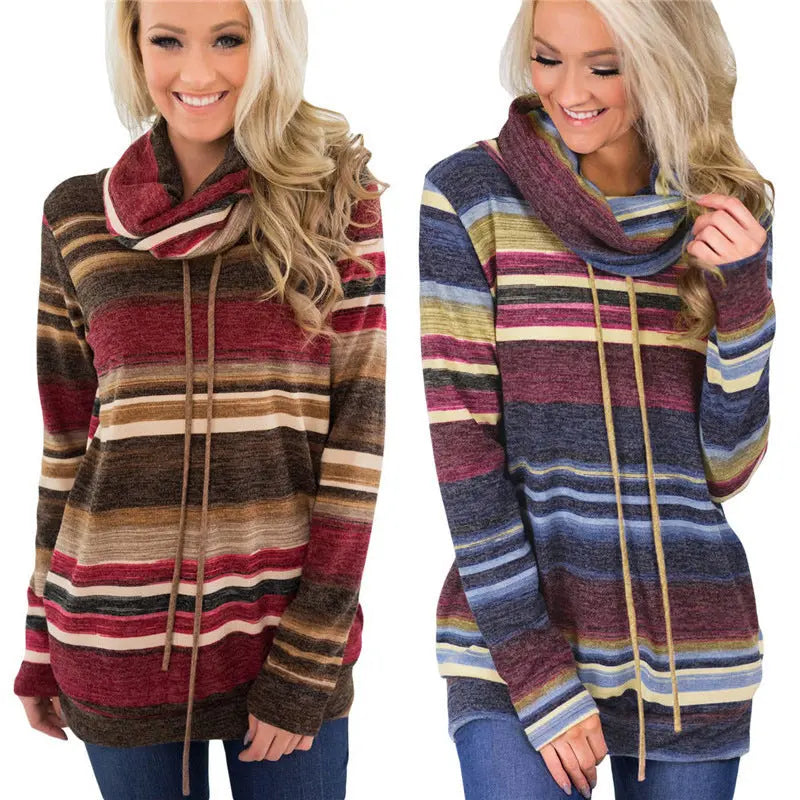 Women Hoodies Sweatshirts Casual Long Sleeve Pullover Hoodie Multi-color Striped Sweatshirt Turtleneck Pullovers Sudadera Mujer null