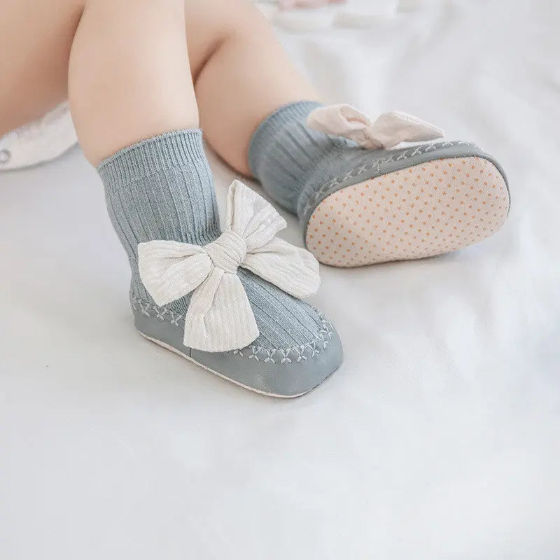 Baby Leather Sole Floor Shoes Socks Babies' Socks Mid-calf Anti-drop Korean Bow Princess Socks Toddler Sock Shoes null