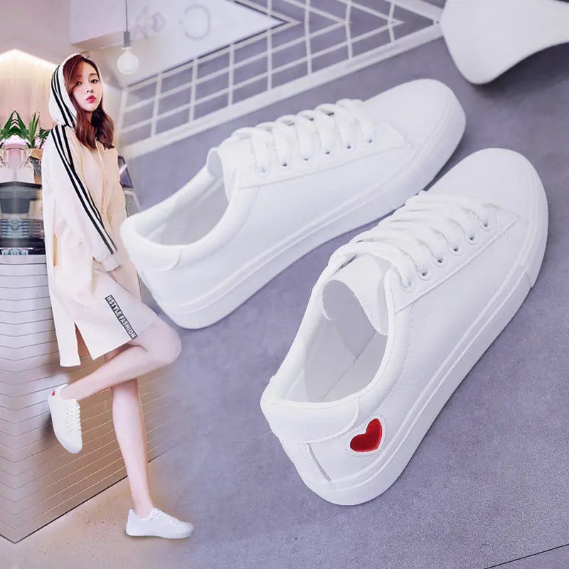 Fashion New Woman PU Leather Shoes Ladies Breathable Cute Heart Flats Casual Shoes White Sneakers null